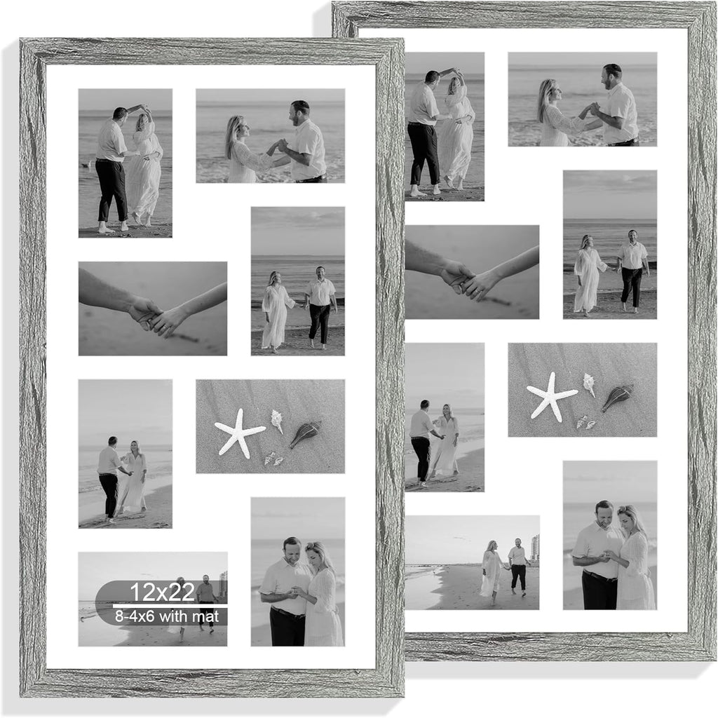 12x22 Picture Frame Set of 2, Grey with Glass Collage Frame, Display Eight Opening 4x6 Photos With Mat or 12 x 22 Newspaper Without Mat - Horizontal or Vertical Wall Mounting