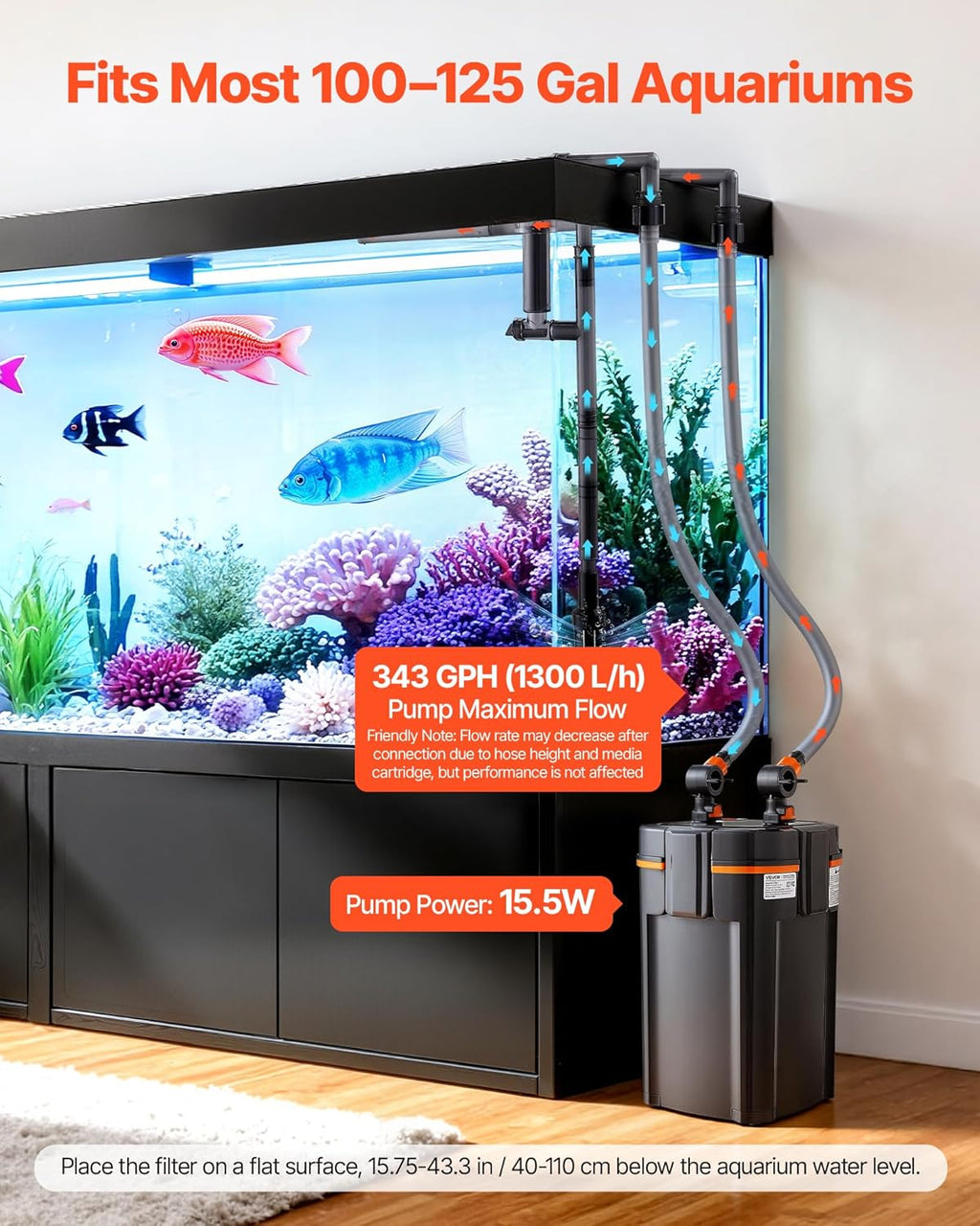 VEVOR 343GPH Canister Filter, 4-Stage External Aquarium Filter with Timed Light, Powerful Pump, Water Circulation Cleaning with Media for Large Fish Tanks & Aquariums Up to 125 Gallons, for Freshwater