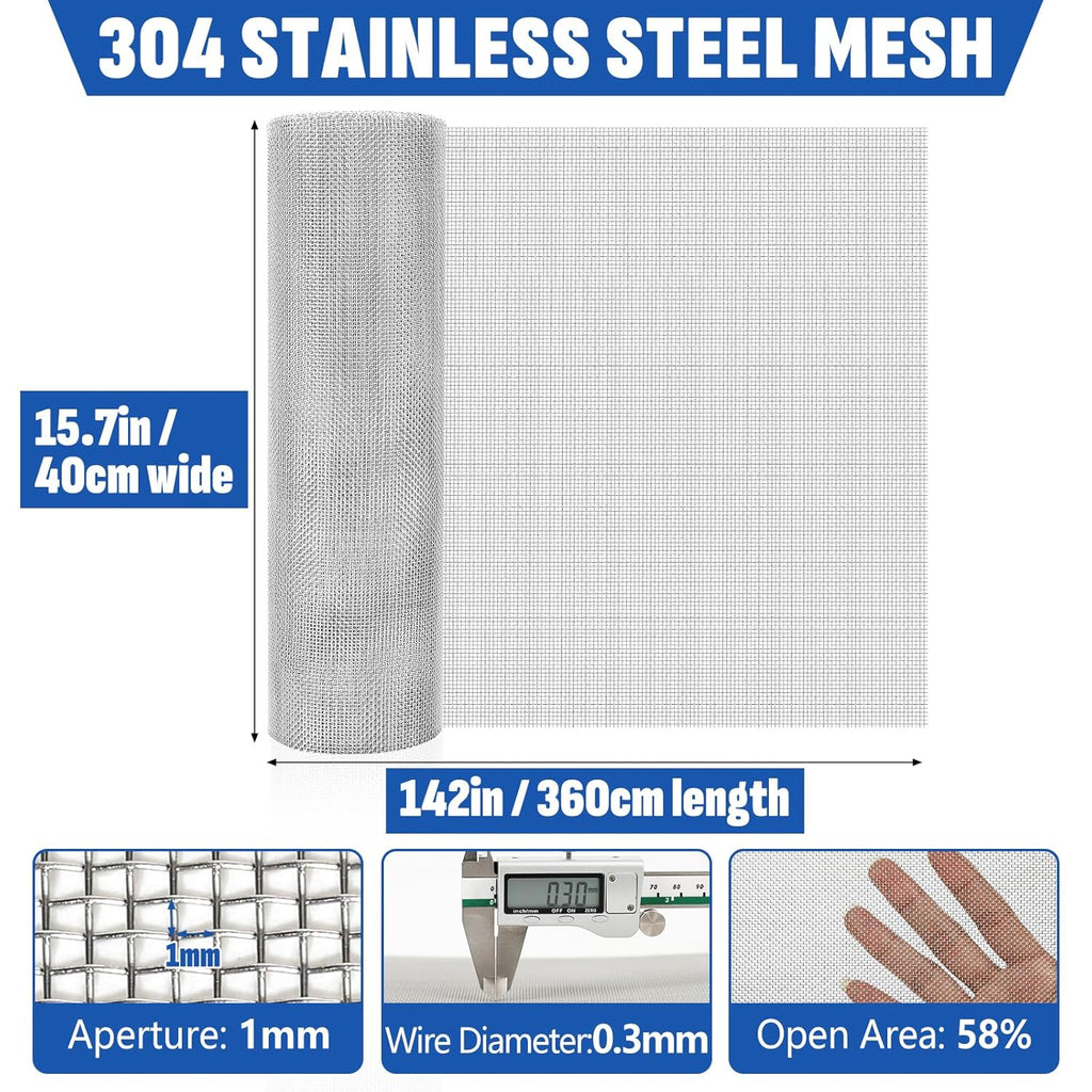 20 Mesh 304 Stainless Steel Mesh Screen, 15.7'' x 142''(40cm x 360cm) Wire Screen Mesh, Rust Free Woven Wire Mesh, Metal Mesh Screen for Air Vents, Window Screen, Filters, Garden Covers