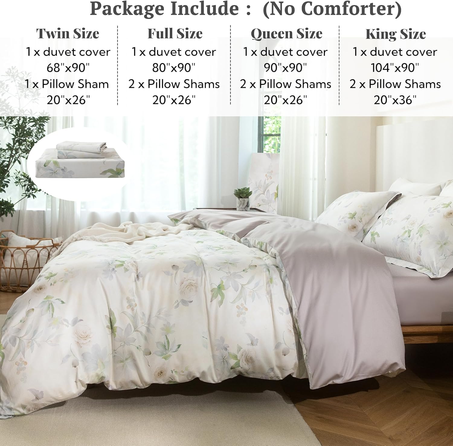 MILDLY Full Size Duvet Cover Set 100% Long-Staple Cotton Luxury White Floral Patten Reversible Comforter Cover Set 3Pcs