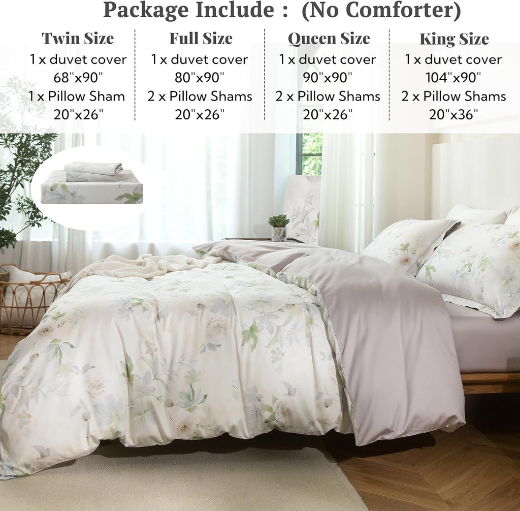 MILDLY Queen Size Duvet Cover Set 100% Long-Staple Cotton Luxury White Floral Patten Reversible Comforter Cover Set 3Pcs