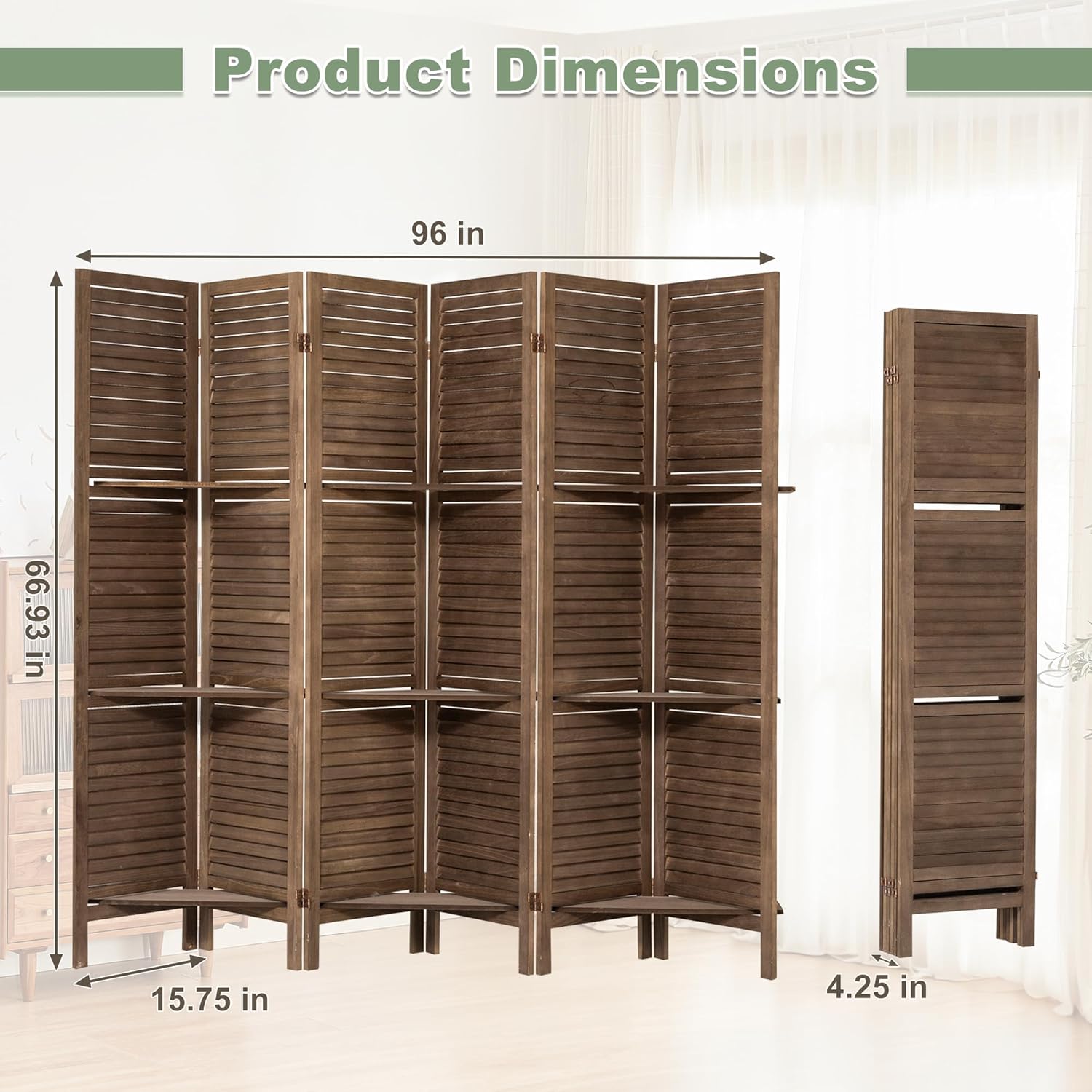 6 Panel Room Divider with Shelves Wood Privacy Screen Partition Room Dividers Folding Freestanding Room Screen Divider with Display Shelves for Home Office Studio Apartment, Dark Brown