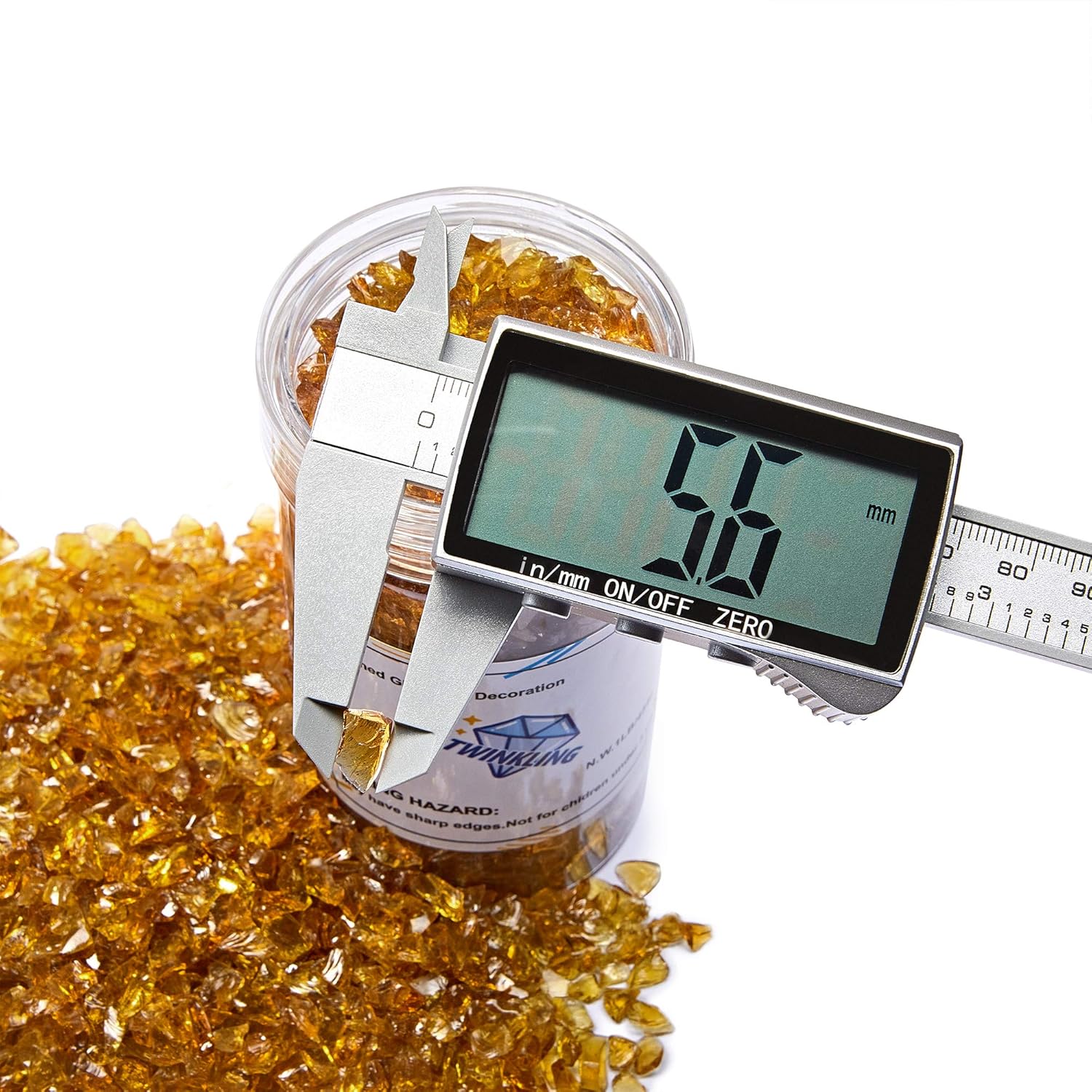 TWINKLING High Luster Fire Glass Gravel Stone Glitter,Broken Glass,Fire Gems Chips,Crushed Glass for Fire Pit Crafts Resin Art Aquarium Garden Decoration,3-6mm,1-Pound Jar (Light Amber)