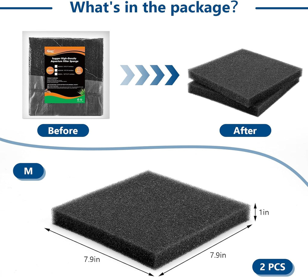 hygger Aquarium Sponge Filter Pad, Filter Media Foam Sponges, Cut-to-Size Open Cell Foam Sheet for Fish Tanks and Ponds, M (2 Pack 7.9 * 7.9 * 1 inch)