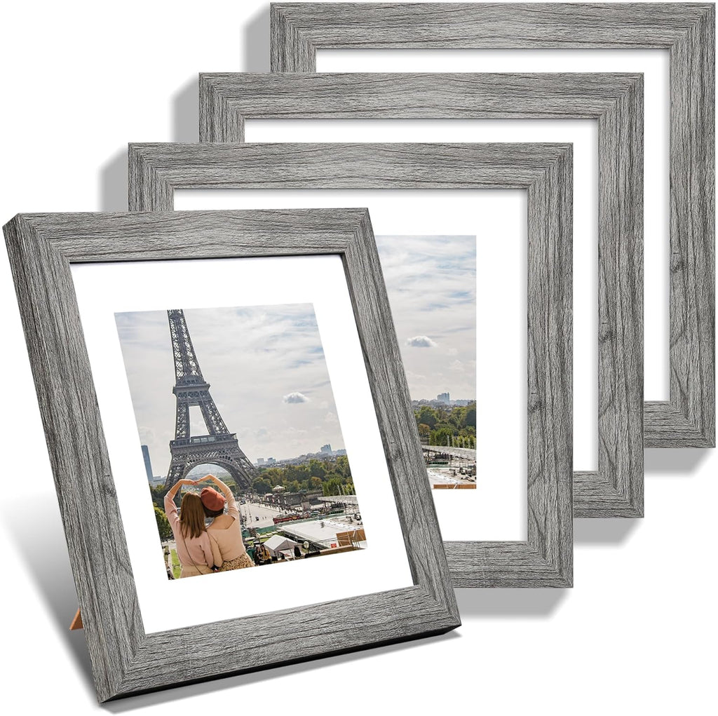 8x8 Picture Frames Set of 4, Made of Glass and Grey Wooden Frame - Display Picture 6x6 with Mat or 8 x 8 Without Mat, 8 by 8 Photo for Wall or Tabletop