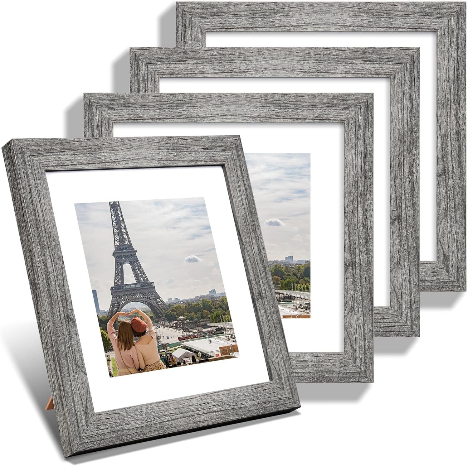 8x8 Picture Frames Set of 4, Made of Glass and Grey Wooden Frame - Display Picture 6x6 with Mat or 8 x 8 Without Mat, 8 by 8 Photo for Wall or Tabletop