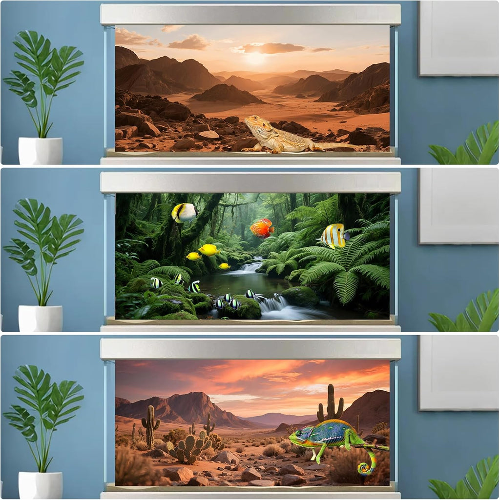 3 Pack Terrarium Background 36x18 inches Polyester Reptile Background，Gobi Sunshine Cactus Stone & Green Tree Fern Stream Terrarium Background