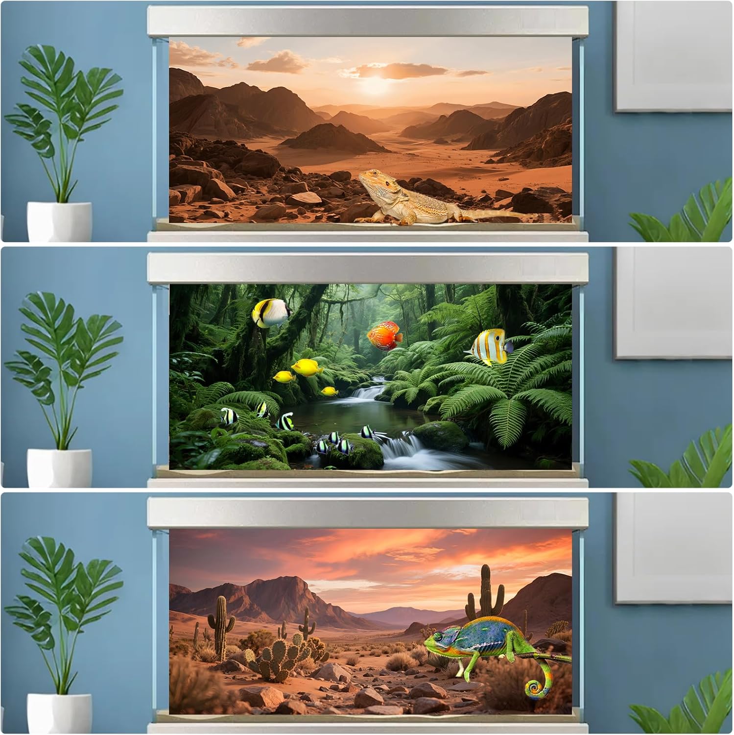 3 Pack Terrarium Background 36x18 inches Polyester Reptile Background，Gobi Sunshine Cactus Stone & Green Tree Fern Stream Terrarium Background