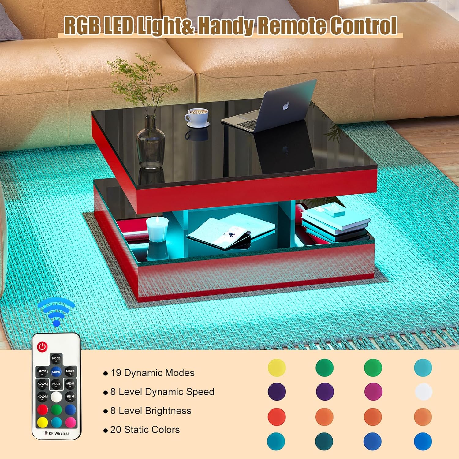 Red LED Coffee Table for Living Room, Living Room Table 2-Tier Square Modern High Glossy Contemporary Wood Coffee Tables with Storage, Tea Table for Dining Reception Room