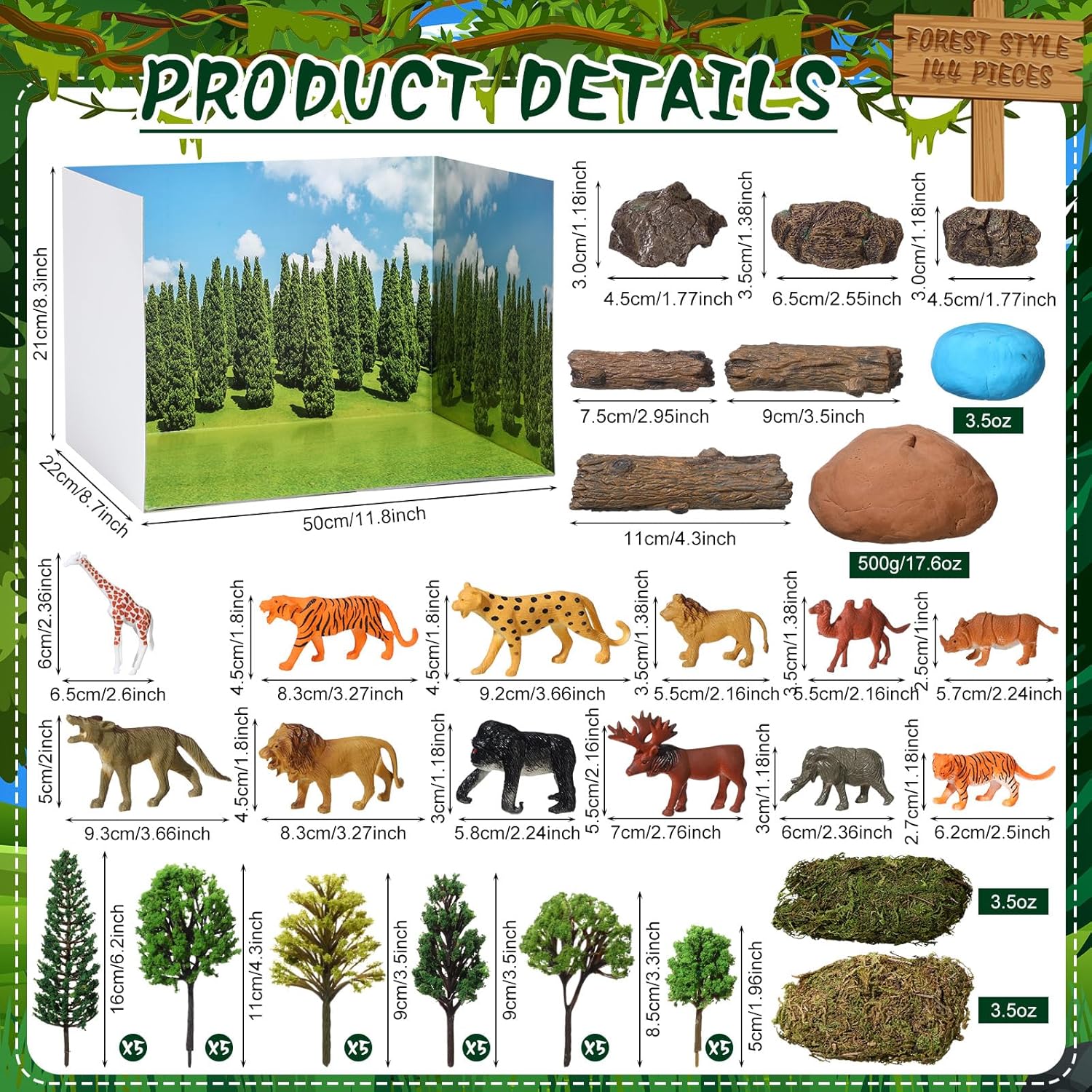 55 Pieces Rainforest Diorama Kit Rainforest Diorama Supplies Include Animals Figures Model Trees Artificial Tree Fake Rocks Sand Stone Moss with Gift Box for Gifts Project Birthday