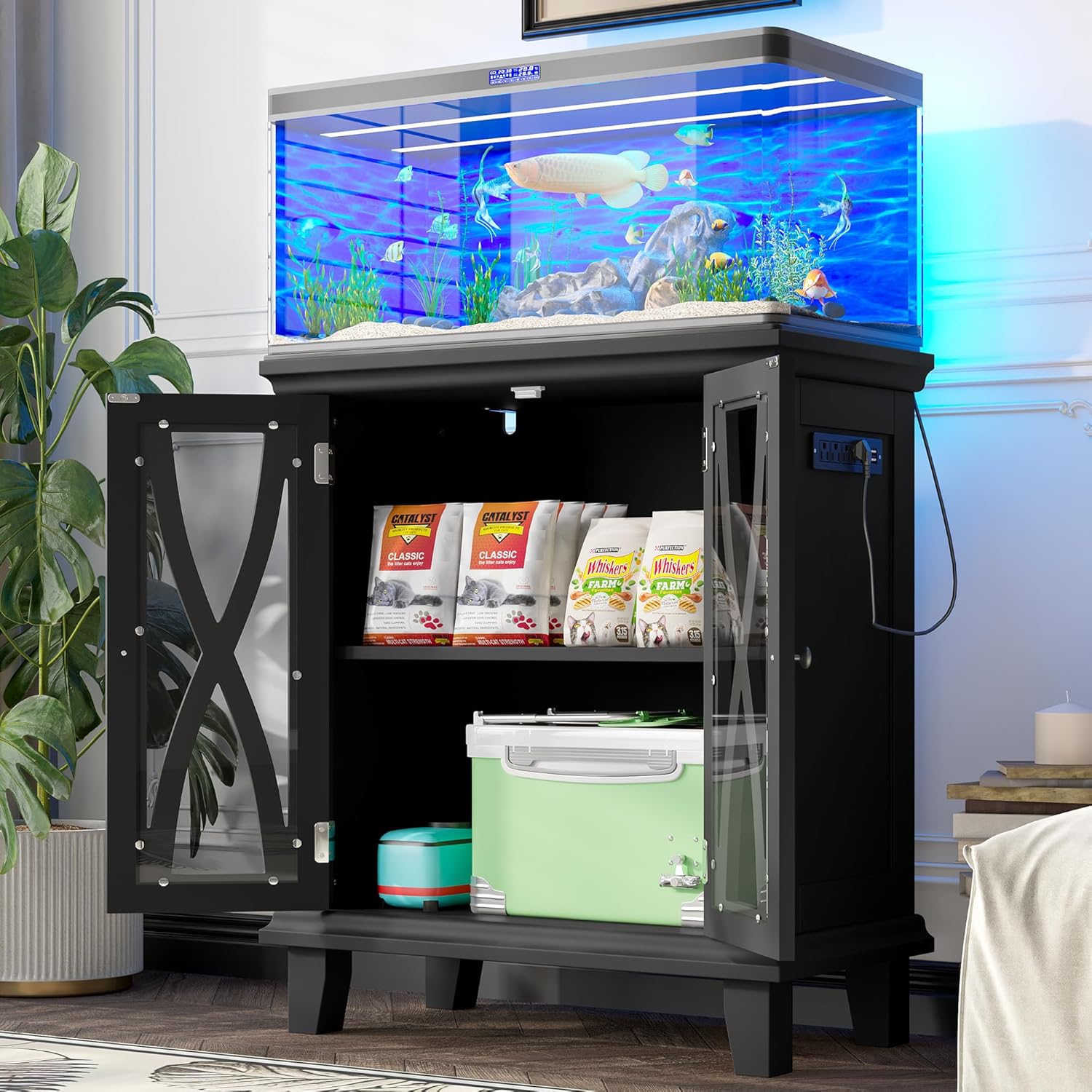 20 Gallon Fish Tank Stand with Power Outlets, Farmhouse Aquarium Stand with Cabinet Storage and Adjustable Shelves for Fish Tank, Reptile Terrarium, 298LBS Capacity, Black