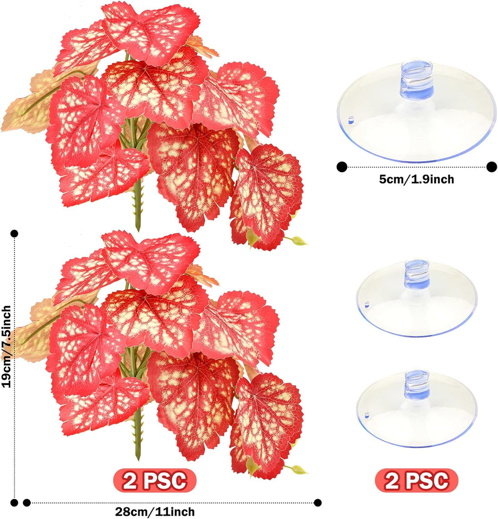 2 Pack Reptile Plants for Terrarium, Artificial Leaves Habitat Decorations with Suction Cups, Terrarium Hanging Plants Vines for Bearded Dragons Lizards Snake Geckos Frogs - Red