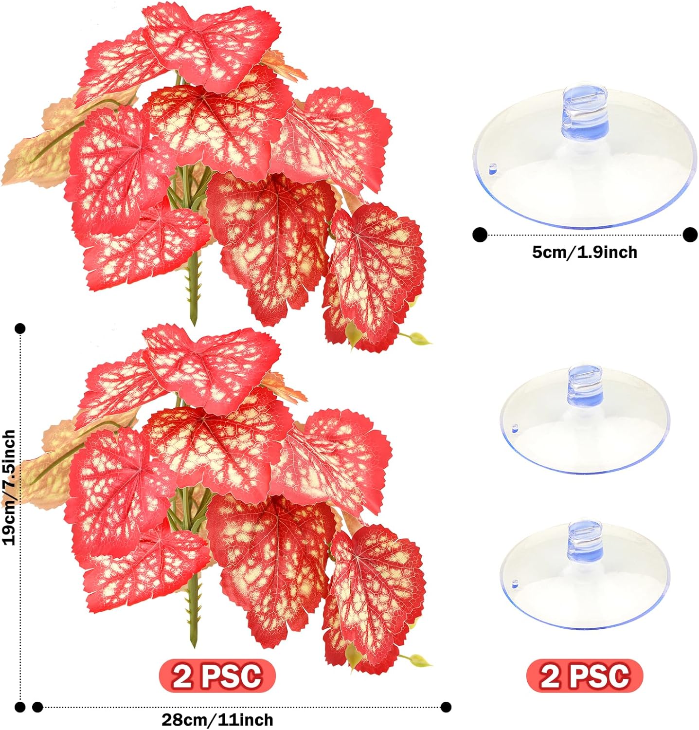 2 Pack Reptile Plants for Terrarium, Artificial Leaves Habitat Decorations with Suction Cups, Terrarium Hanging Plants Vines for Bearded Dragons Lizards Snake Geckos Frogs - Red