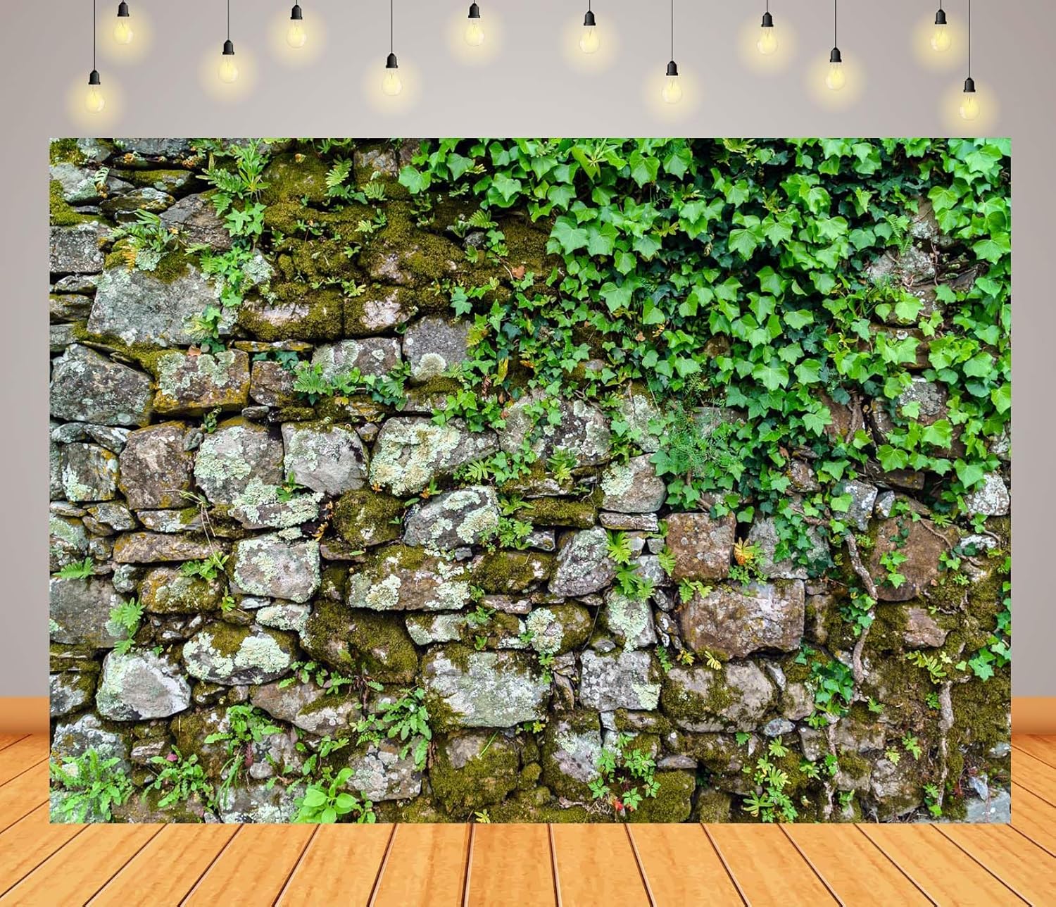 BELECO 9x6ft Fabric Brick Stone Wall Backdrop Ancient Rock Wall with Green Ivy Leaves Rock Stones Textured Background Vintage Stone Wall Party Decorations Banner Photoshoot Props