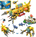 HOGOKIDS 3 Styles City Submarine Building Set with LED Light, Ocean Exploration Yellow Boat Sub Toy with 2 Sharks, Whale Skeleton and Ray Drone, Christmas Birthday Gift for Kids Boys Girls 8-14+