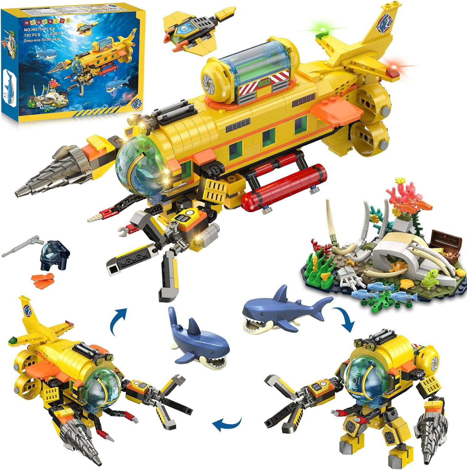 HOGOKIDS 3 Styles City Submarine Building Set with LED Light, Ocean Exploration Yellow Boat Sub Toy with 2 Sharks, Whale Skeleton and Ray Drone, Christmas Birthday Gift for Kids Boys Girls 8-14+