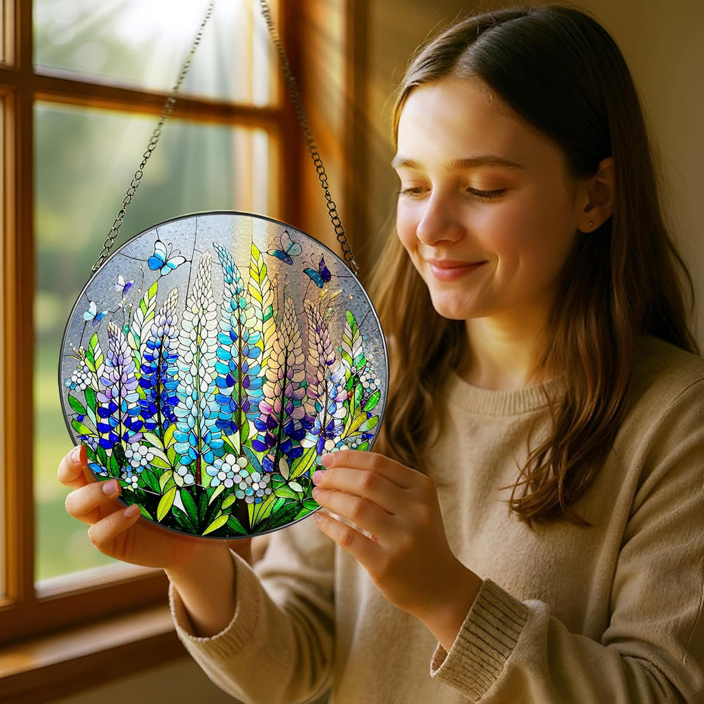 8-Inch Stained Glass Ornament, Stained Glass Window Hanging, Window Hanging Decor Suncatcher, Texas Bluebonnet Ornament | Christmas, Mother's Day, Birthday | Gifts for Mom, Garden Gifts for Friends