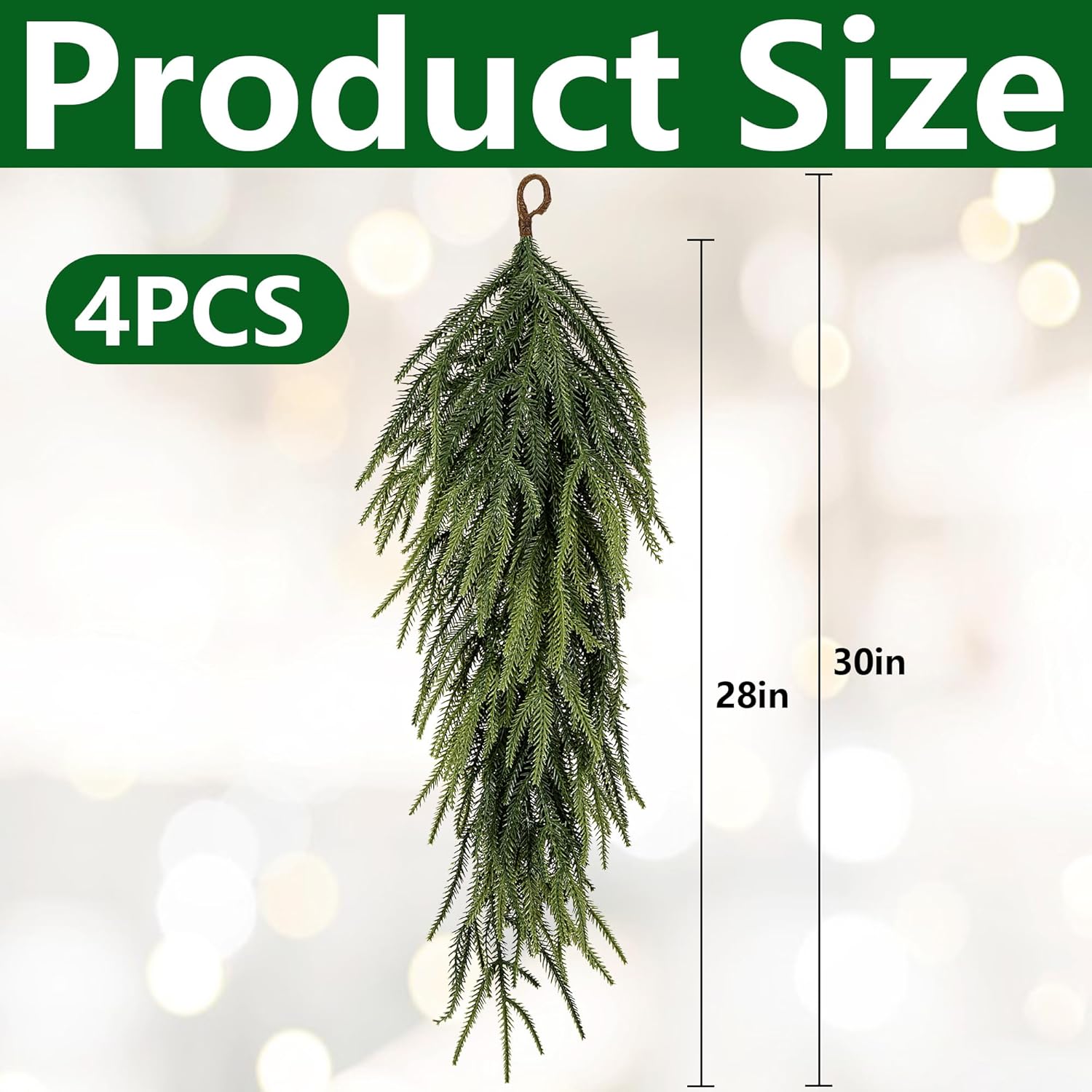 4 Pcs Extra Length Artificial Christmas Teardrop Swag, 30" Faux Pine Needles Teardrop Door Swag, Christmas Norfolk Greenery Teardrop Wreath for Xmas Door Table Mantle Fireplace Indoor Outdoor Decor