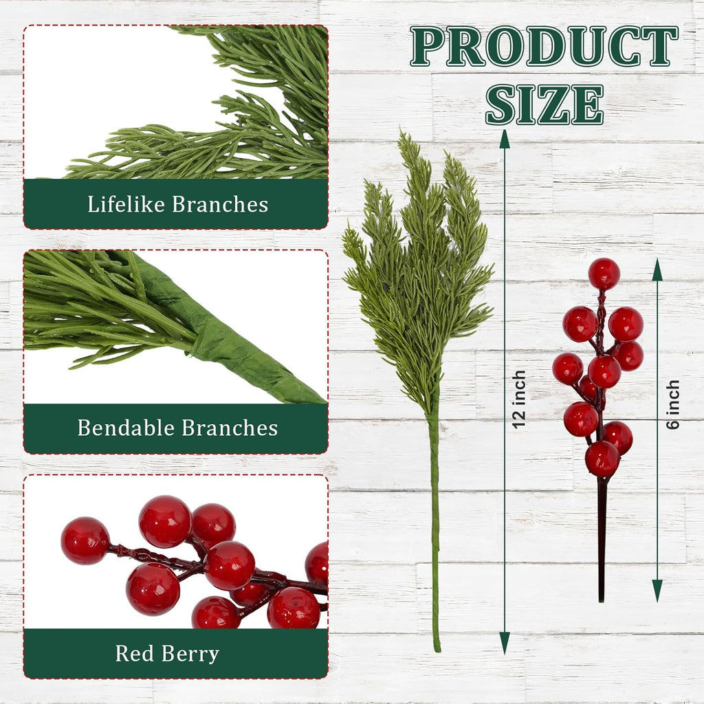 Artificial Pine Branches 17.7" Faux Cedar Pine Stem Fake Greenery Pines Picks with Red Berries Suitable for DIY Christmas-Themed Decorations and Styles