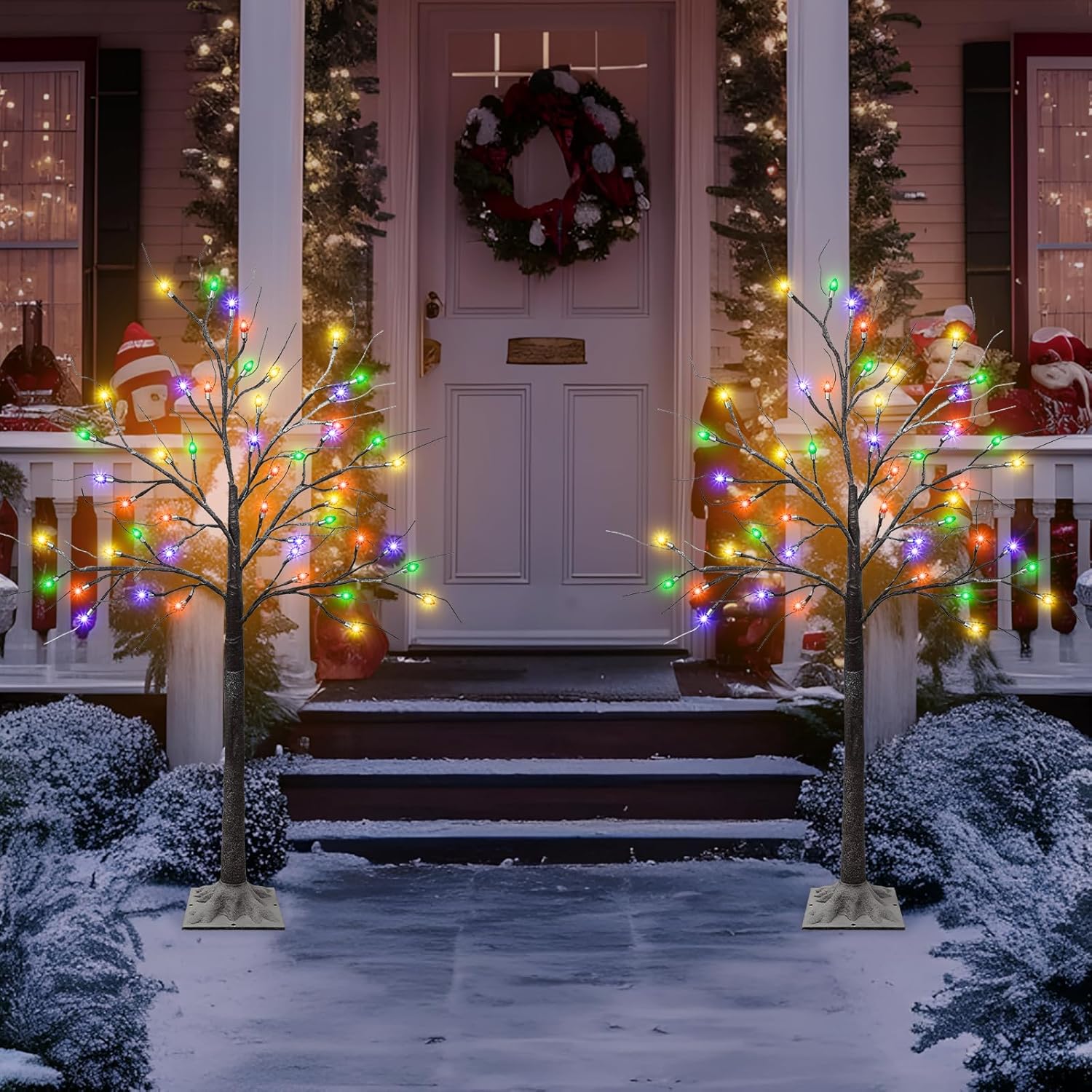 2 Pack 4 FT Birch Tree with 96 LED Multicolor Lights, Artificial Lighted Birch Tree Snowy Light Up Birch Twig Christmas Tree for Party Home Mantel Porch Yard Indoor Outdoor Decor