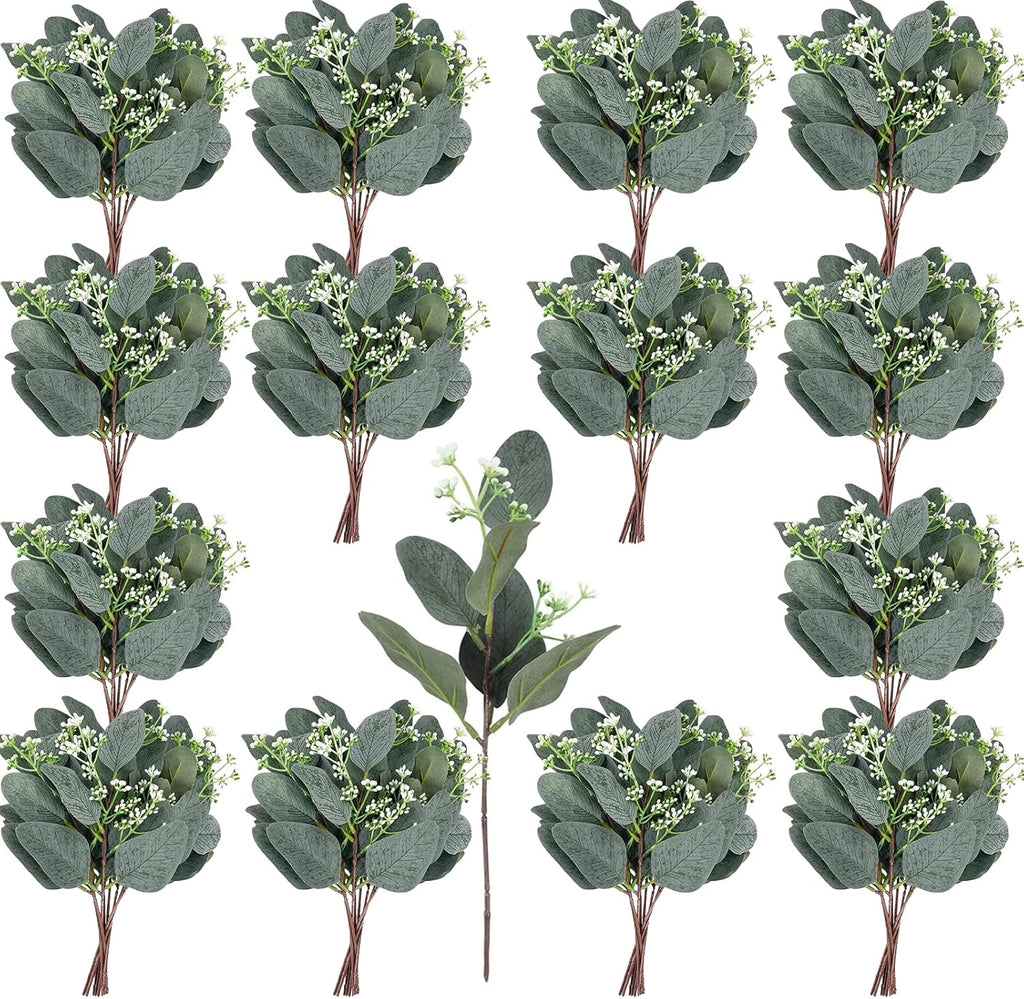 64 PCS Artificial Greenery Stems,Silver Dollar Eucalyptus Stems with 384 Eucalyptus Leaves White Seed Branches for Flower Arrangements,Wedding Bouquets
