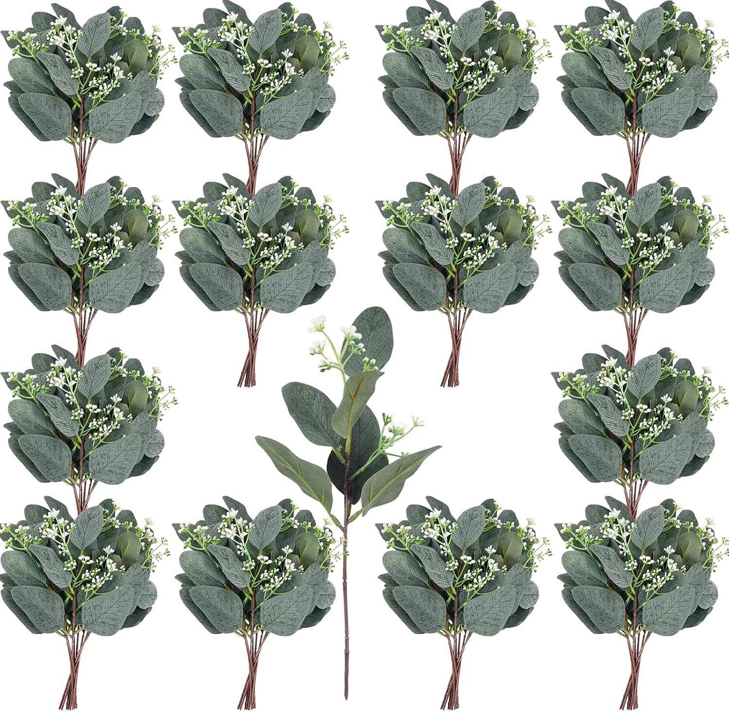 64 PCS Artificial Greenery Stems,Silver Dollar Eucalyptus Stems with 384 Eucalyptus Leaves White Seed Branches for Flower Arrangements,Wedding Bouquets