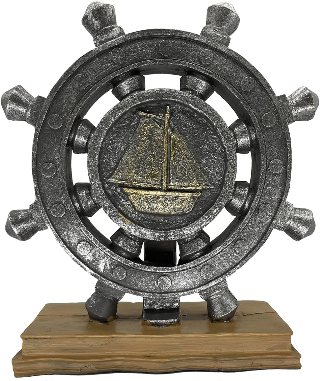 Ship Wheel Decor Rudder Sculpture - Mediterranean Style Khaki Nautical Boat Steering Model Pirate Boat Resin Handicraft Statue for Bookshelf Desktop Home Decoration