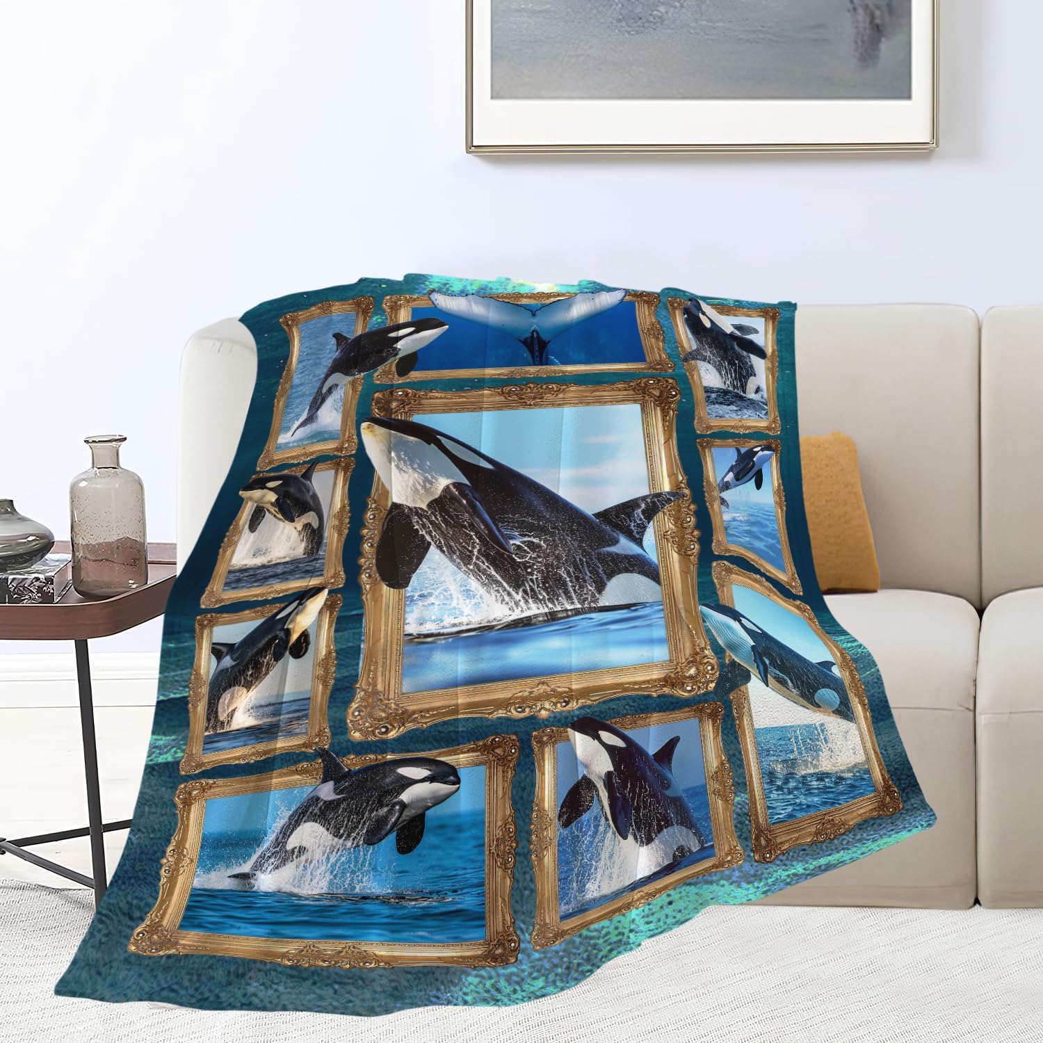 Orca Blanket Ocean Whale Throw Blanket Gifts for Girls Women Kids Boys Adults Men Super Soft Cozy Plush Fluffy Fuzzy Fleece Blanket Home Decor 50''X60''