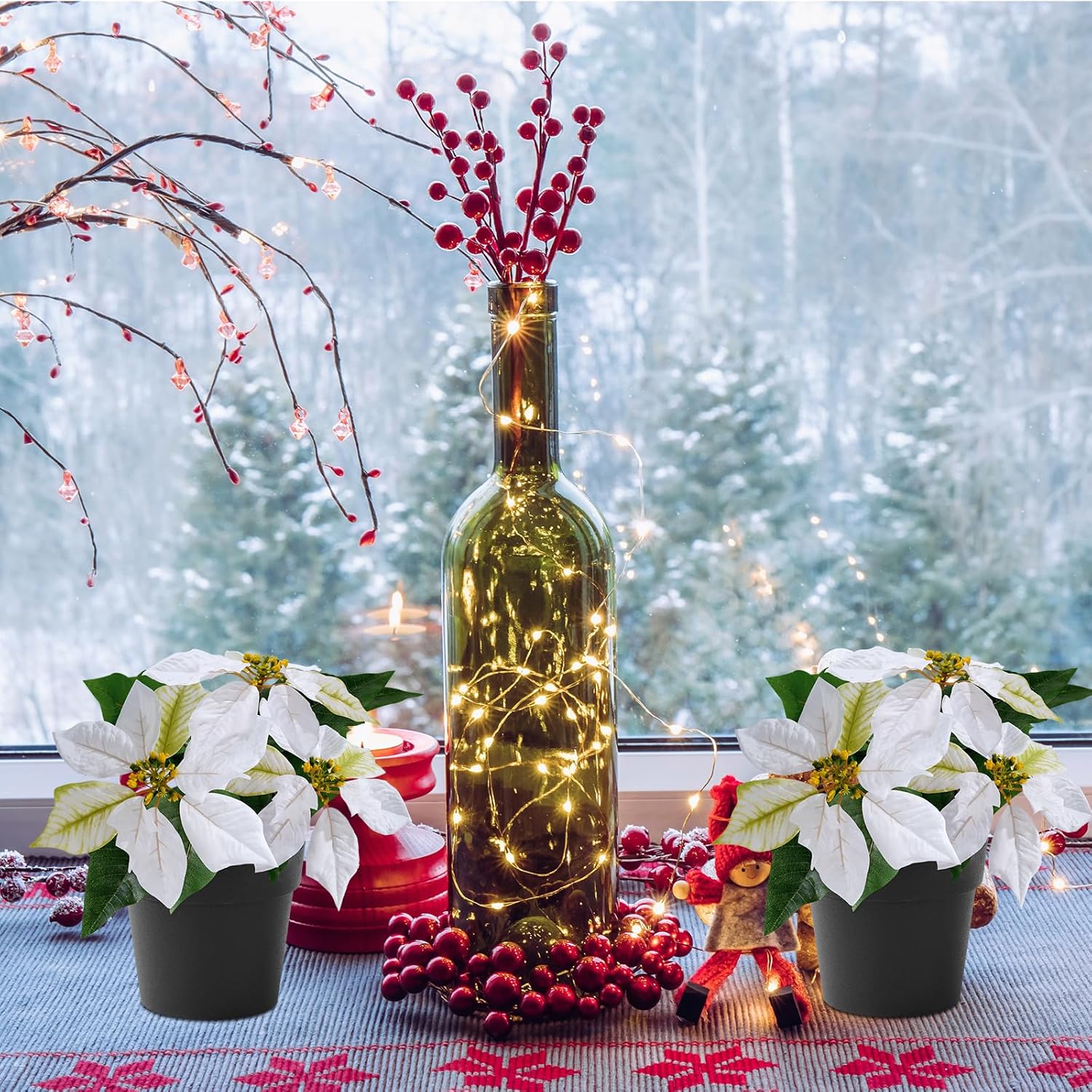 2 Pack Poinsettias Artificial Christmas Flowers Small Cream Poinsettia Plant Artificial 9 Inch Faux Winter Flowers for Porch Home Garden Decorations Indoor Outdoor Xmas Ornament
