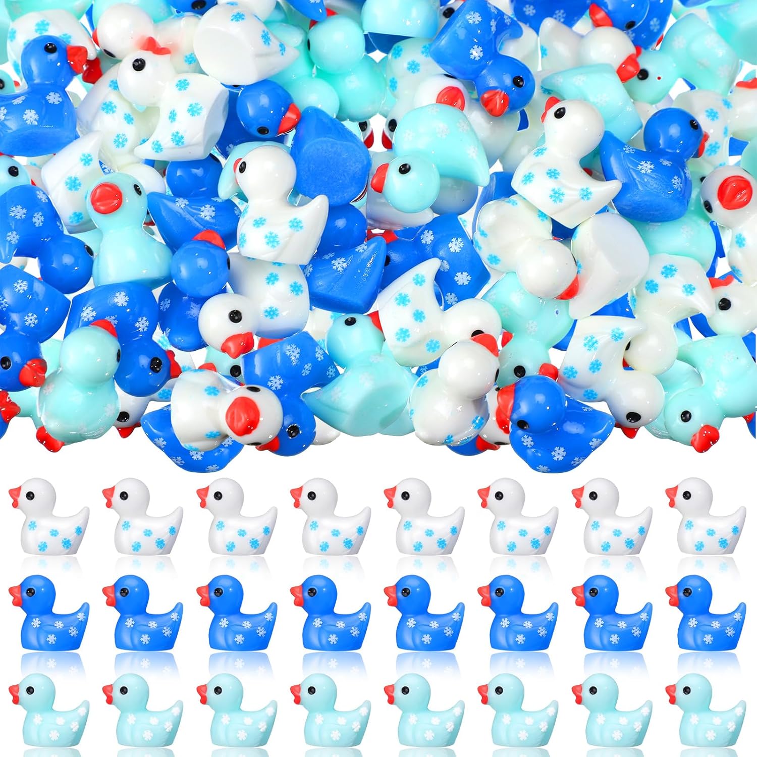 Realspring 100 Winter Mini Resin Snowflake Ducks Tiny Duck Figurines Bulk Cute Figures for Winter Christmas Miniature Landscape Garden Accessories Ornament Dollhouse Birthday Decor Party Favors