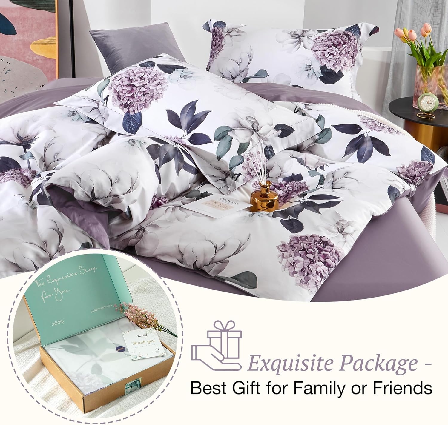 MILDLY 100% Long-Staple Cotton Duvet Cover Set Hydrangea Lotus Flower Pattern Printed Comforter Cover 3pcs, Ultra Soft & Breathable Bedding Set