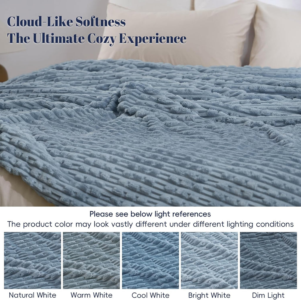 PHF Ultra Soft Flannel Fleece Blanket Queen Size, Lightweight 3D Jacquard Fleece Blanket, No Shedding, No Pilling, Luxury 340GSM Aesthetic Fluffy Cozy for Bed Room Decor, 90"x90", Dusty Blue