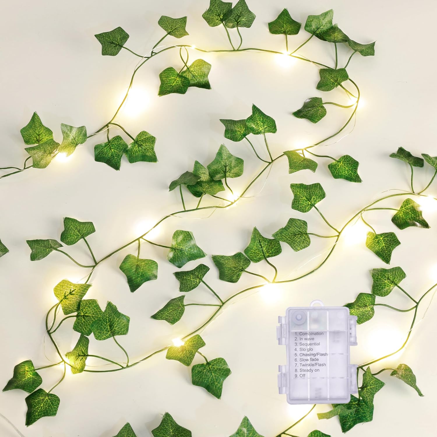 2 Pack 6.56FT Vines with Lights, Fake Ivy String Lights Battery Operated, 20 LEDs Green Leaf Lights with 8 Modes, Artificial Vines with Fairy Lights for Bedroom Wall Garden Party Decor