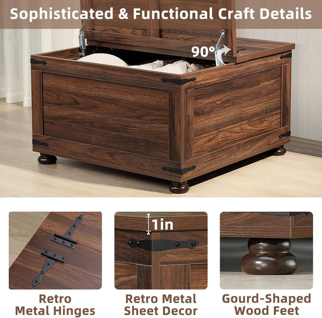 Farmhouse Coffee Table with Hidden Storage,Large Square Center Table for Living Room,Retro Cocktail Tables with Flip-Top Lids, Farm House Tables with Wooden Gourd Feet for Home,Brown Walnut