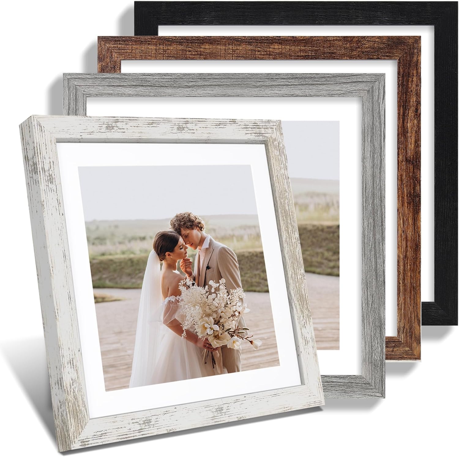 12x12 Picture Frame Set of 4, Made of Made of Glass and Multicolour Wooden Frame, 12 by 12 Photo for Wall or Tabletop - Display Picture 10x10 with Mat or 12x12 Without Mat