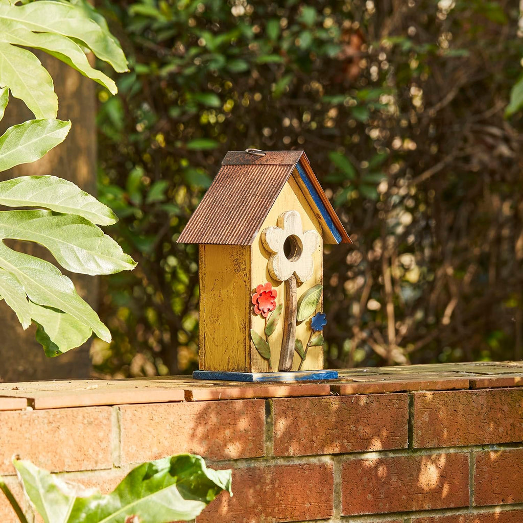 Glitzhome 10.25" Inch Wooden Bird House Hanging Distressed Flower Garden Birdhouse for Outdoor