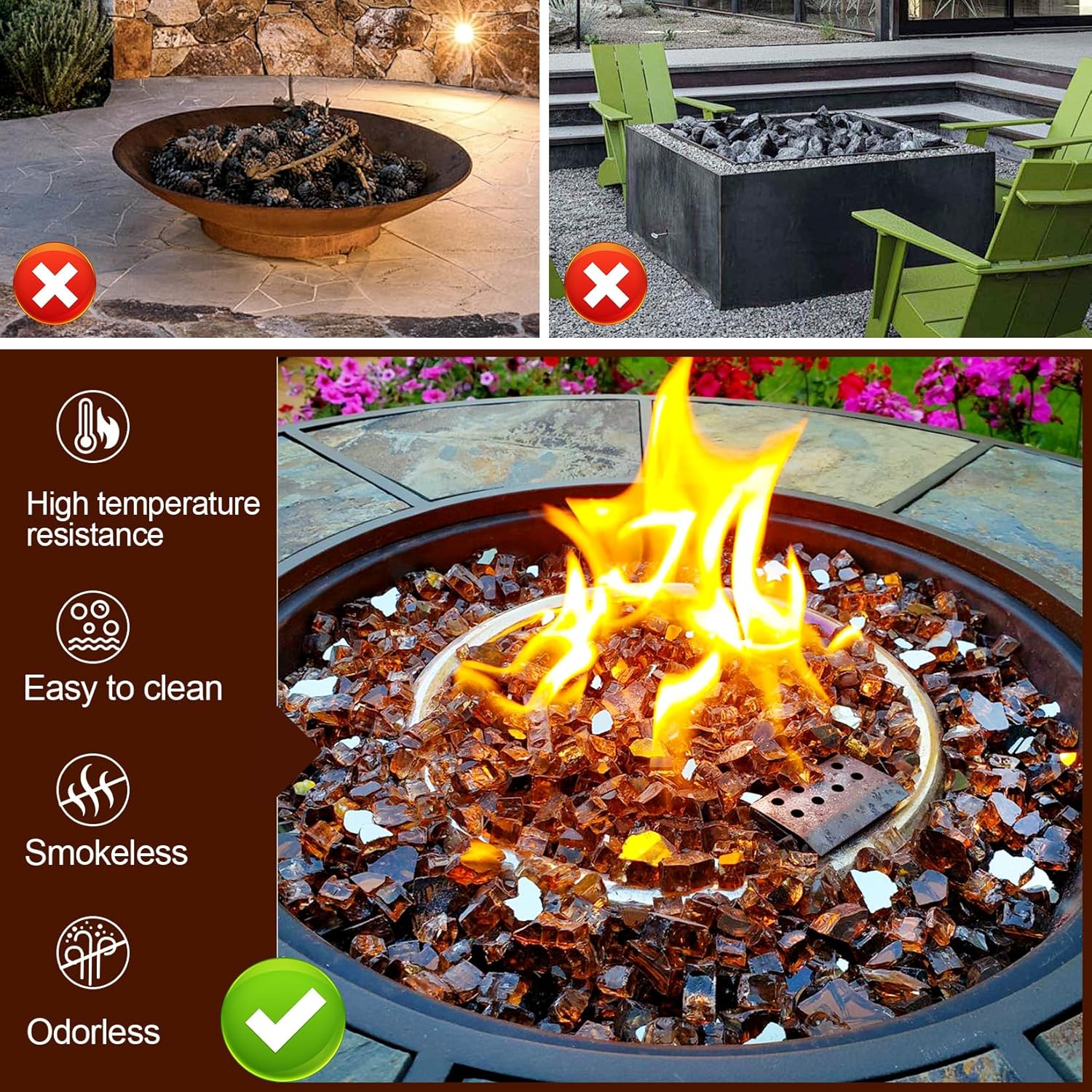 GasSaf 1/2 Inch Fire Glass Reflective Tempered Fireglass Cut Crushed FireGlass for Fire Pit, Fireplace, Replaces Existing Gas Logs & Lava Rocks (20 Pound)(Amber Reflective).