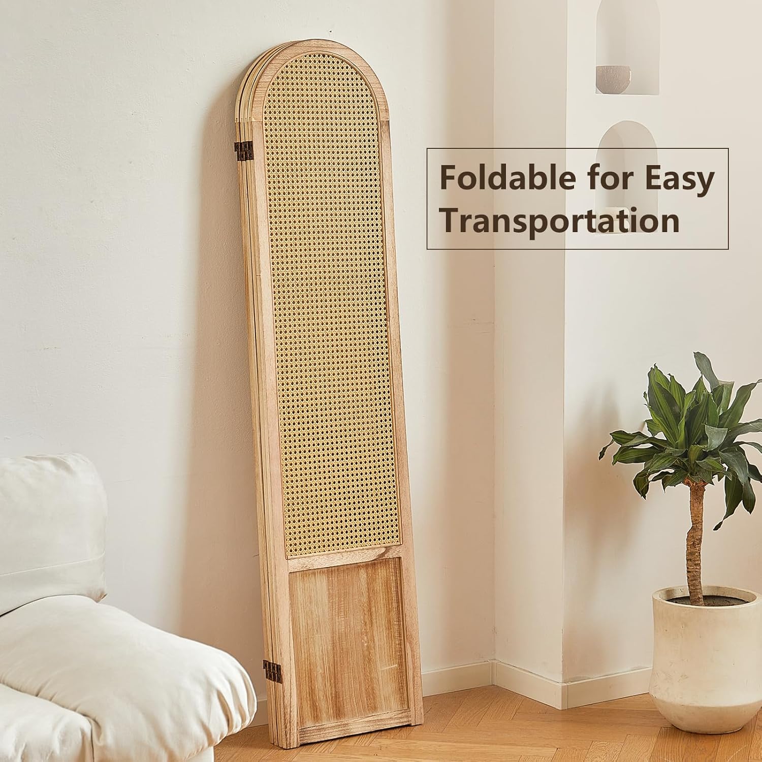 4 Panel Rattan Room Divier, Room Divider Panel and Folding Privacy Screens, Room Divider Wall, Solid Wood Frame, Partition Room Dividers, Bedroom, Dining Room, Lounge, Light Brown