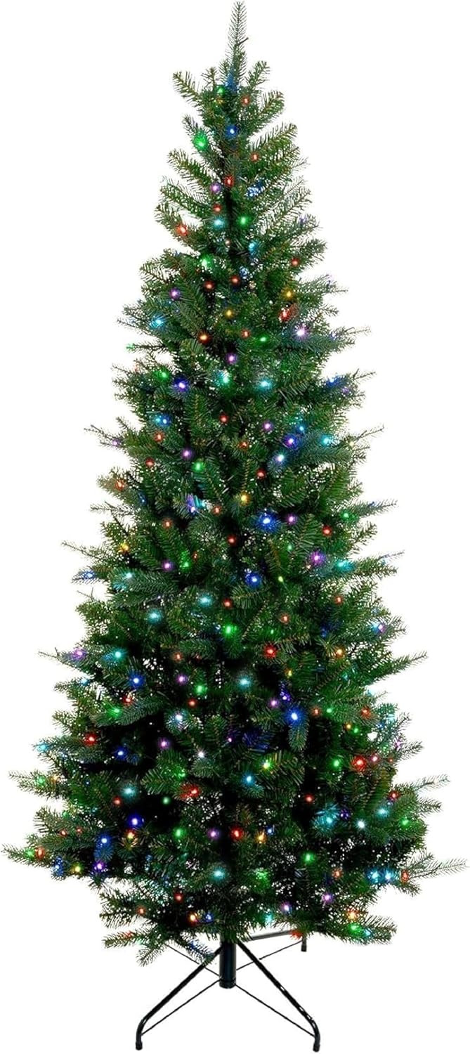Holiday Bright Lights Slim 7 ft Pre-Lit LED Artificial Christmas Tree, 400 5mm RGBWW Lights, Power-Pole Trunk, App + Remote + Foot Pedal, 45" Base with 847 Tips for a Full Look