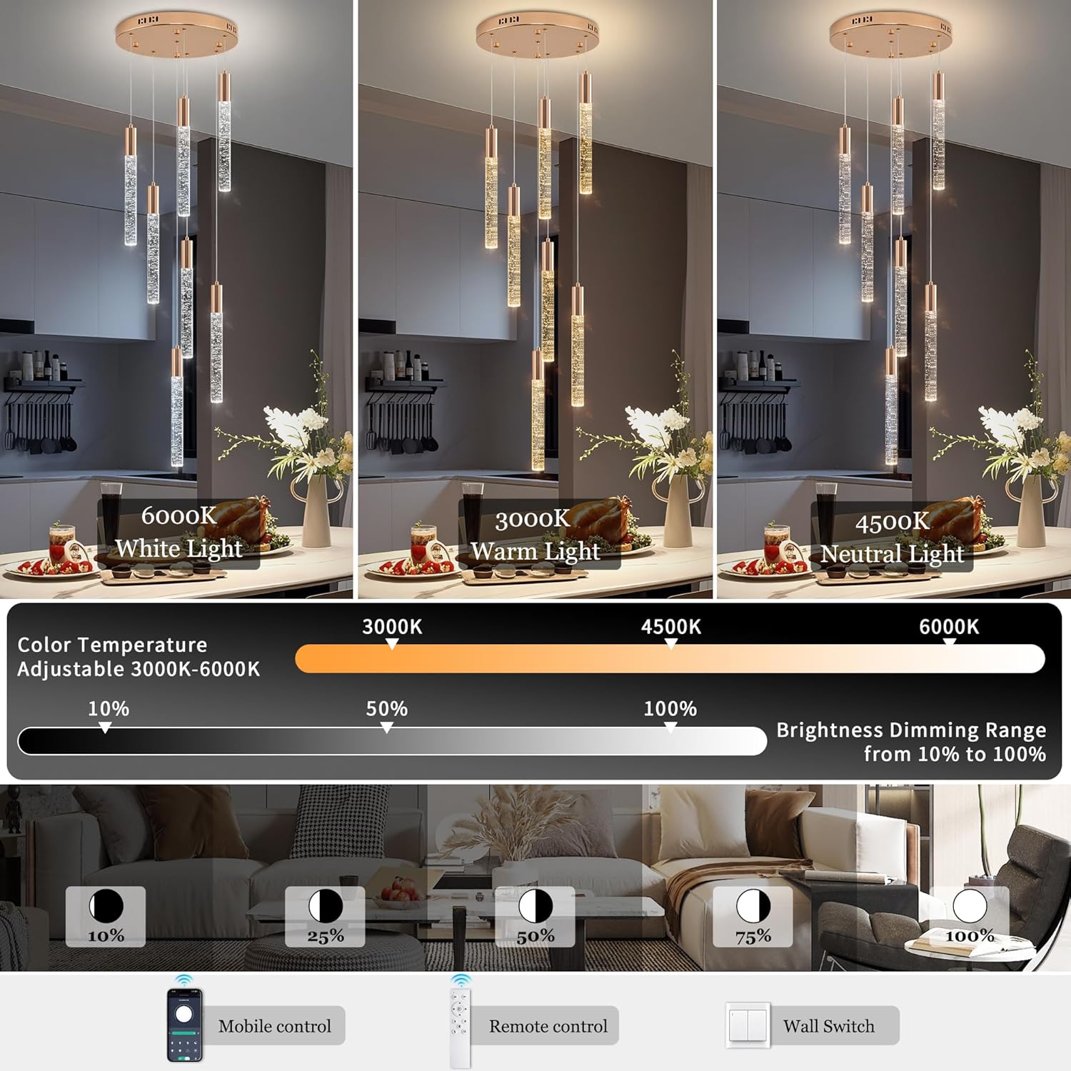 Modern High Ceiling Crystal Chandelier 7-Lights, Spiral LED Raindrop Foyer Pendant Lighting, Bubble Staircase Living Room Hanging Light Fixture Flush Mount Gold