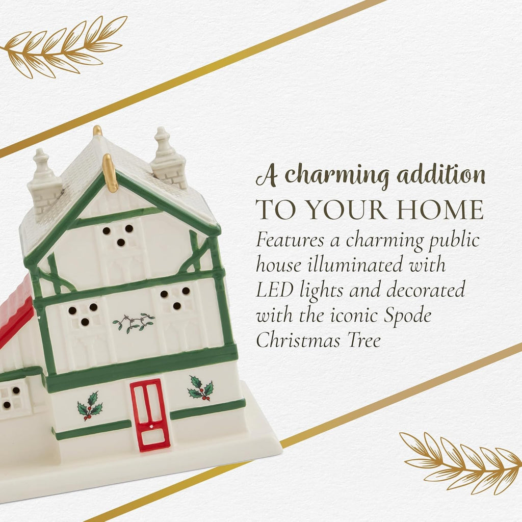 Spode Christmas Tree Miniature Figural LED Lighted Ceramic Dolomite Christmas Collectible for Indoor Display (Public House)