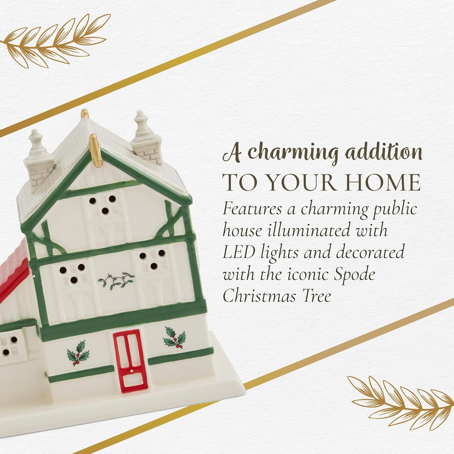 Spode Christmas Tree Miniature Figural LED Lighted Ceramic Dolomite Christmas Collectible for Indoor Display (Public House)