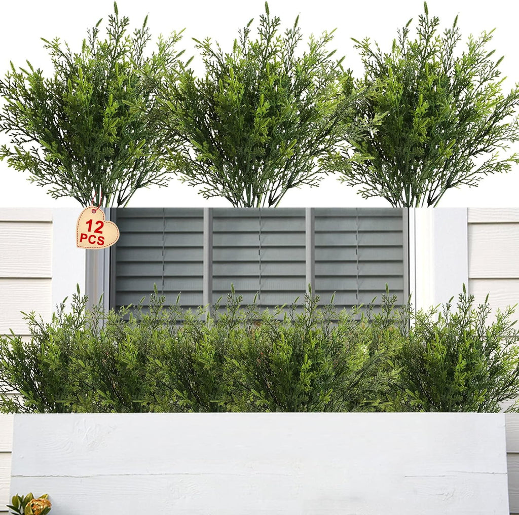 Artificial Outdoor Plants 12 PCS Fake Cedar Plants Plastic Faux Pinetree Stems Greenery Shrubs UV Resistant Colorfast Indoor Outdoor Christmas Home Decor for Windowbox Garden Porch Path