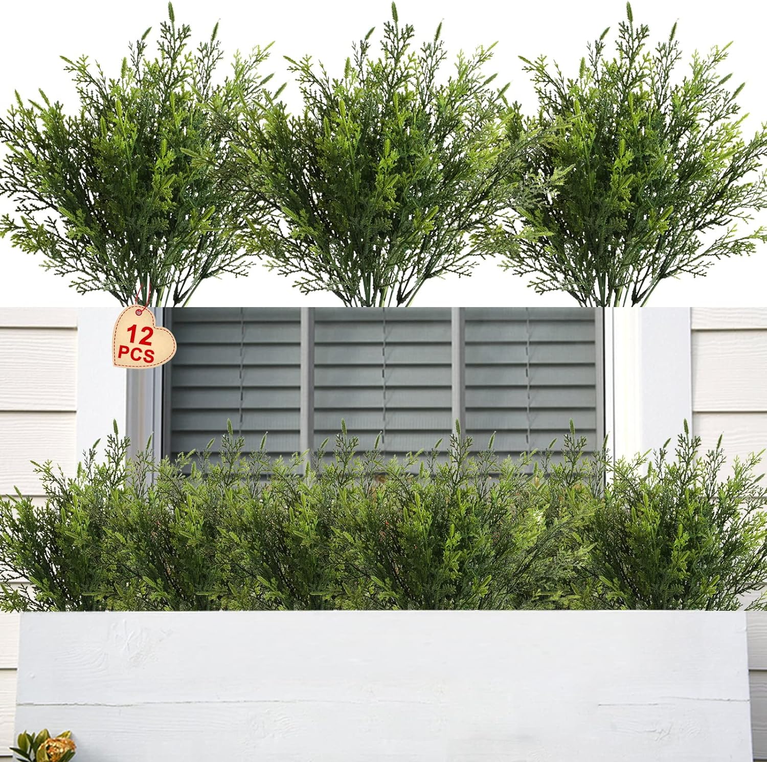 Artificial Outdoor Plants 12 PCS Fake Cedar Plants Plastic Faux Pinetree Stems Greenery Shrubs UV Resistant Colorfast Indoor Outdoor Christmas Home Decor for Windowbox Garden Porch Path