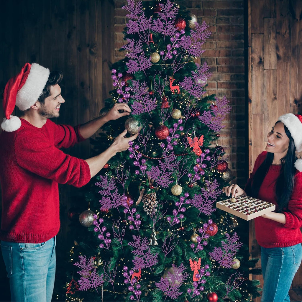 75 Pcs Christmas Glitter Branches 3 Styles Artificial Christmas Picks Berries Stems Pine Needles Floral Twig Spray for Xmas Tree Ornaments DIY Wreath Garland(Purple)