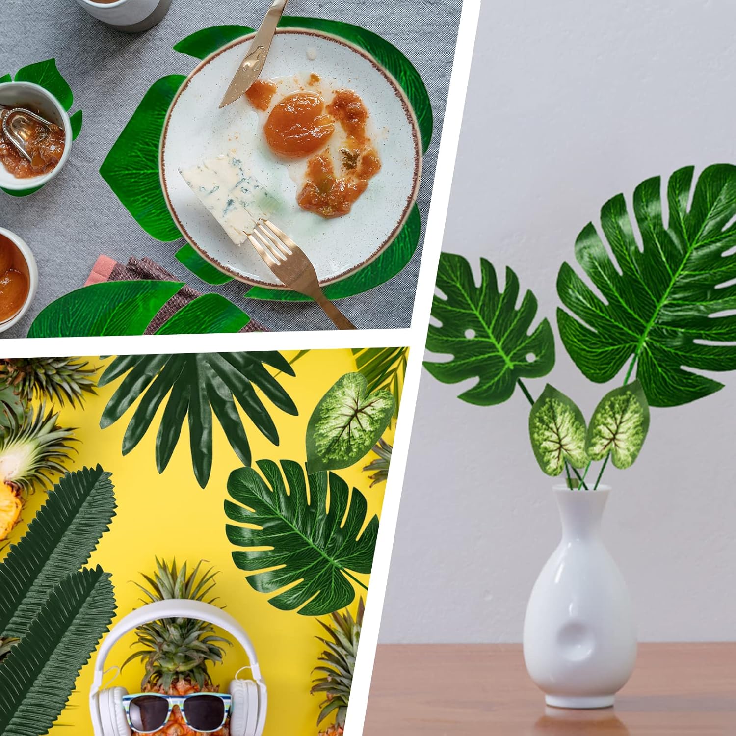 50 Pieces 7 Kinds Tropical Party Decorations Jungle Monstera Leaves Safari Leaves, Artificial Palm Leaves with Faux Stem for Hawaiian Luau Party Jungle Beach Table Leave Decorations