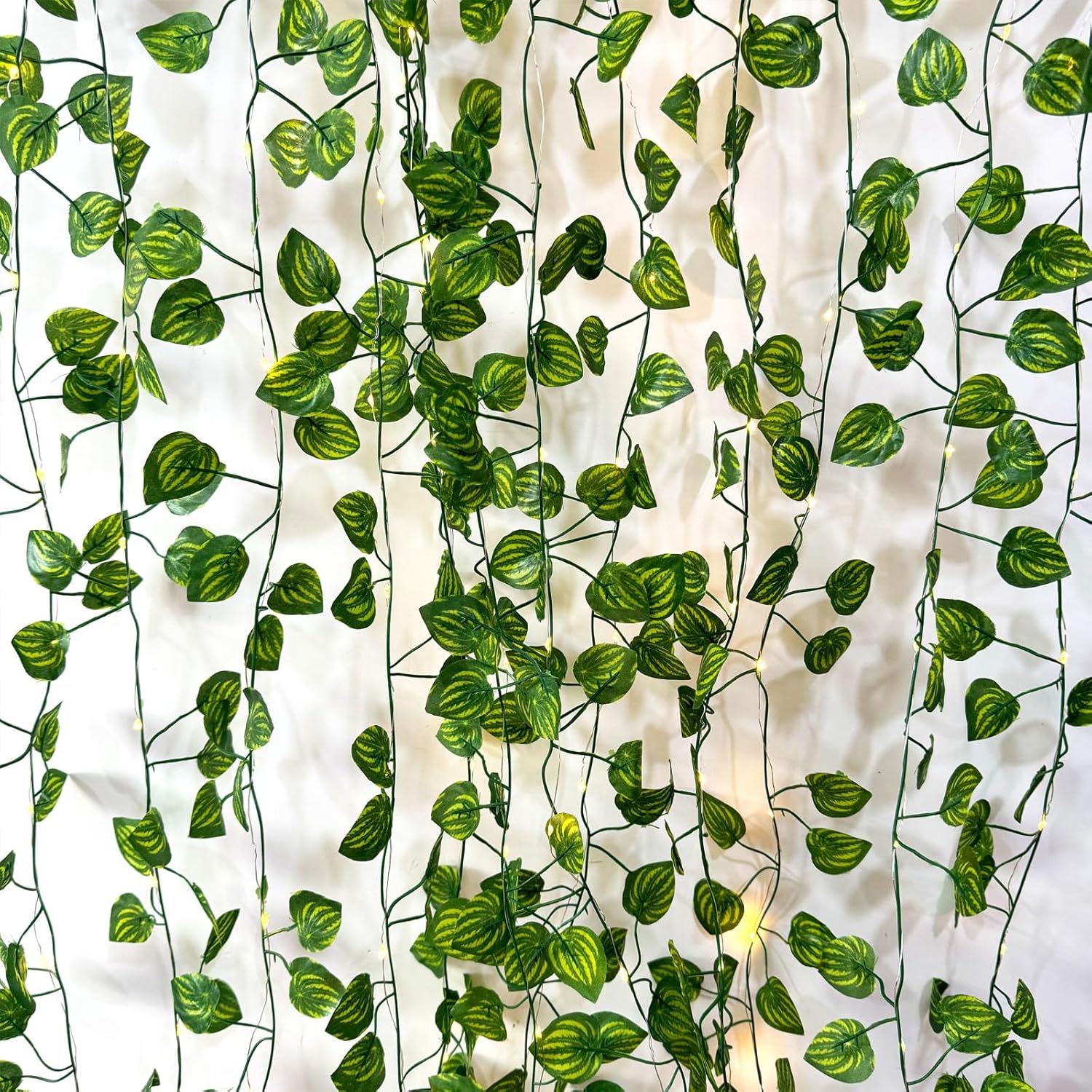 6 Pcs Artificial Hanging Plants Watermelon Leaf Vines With 60 Warm Lights,Watermelon Vine Leaves,Fake Plant Vine Hanging Garland for Wall,Party Wedding,Home,Kitchen,Indoor and Outdoor Decoration