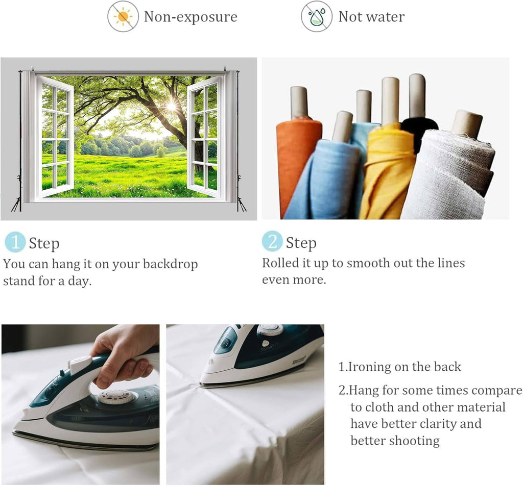 6 x 4 ft Spring Tree Window Backdrop Sunshine White Windowsill Floral Scenery Photography Background Forest Green Grass Natural Newborn Birthday Party Banner Decorations