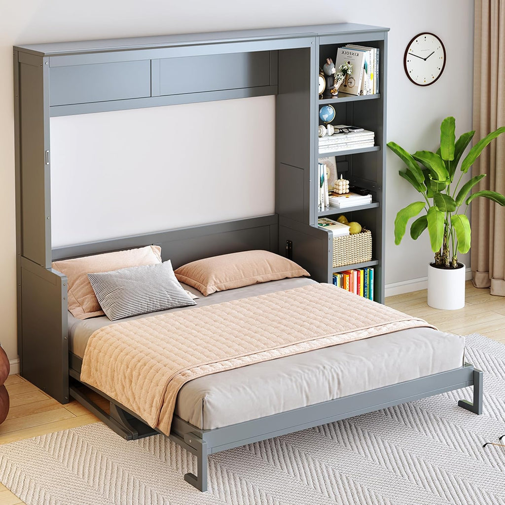 MERITLINE Queen Murphy Bed with Desk and Storage Shelves,Wood Hideaway Murphy Wall Bed with Storage Bookcase for Adults (Grey)