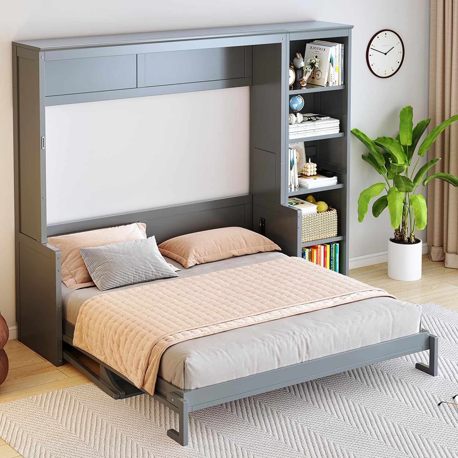 MERITLINE Queen Murphy Bed with Desk and Storage Shelves,Wood Hideaway Murphy Wall Bed with Storage Bookcase for Adults (Grey)